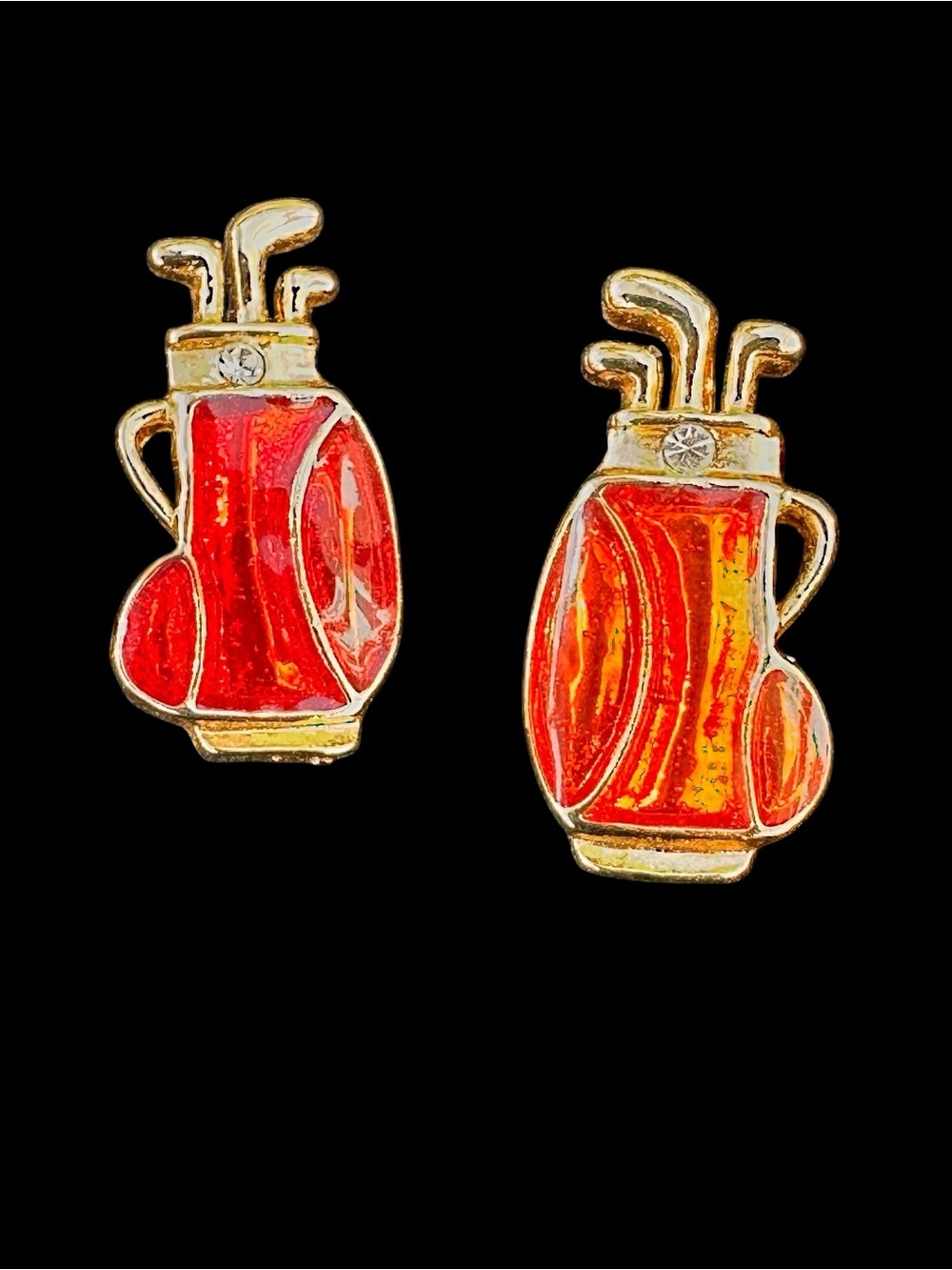 Golf Bag & Clubs Enamel Stud Earrings Red Orange Gold Tone